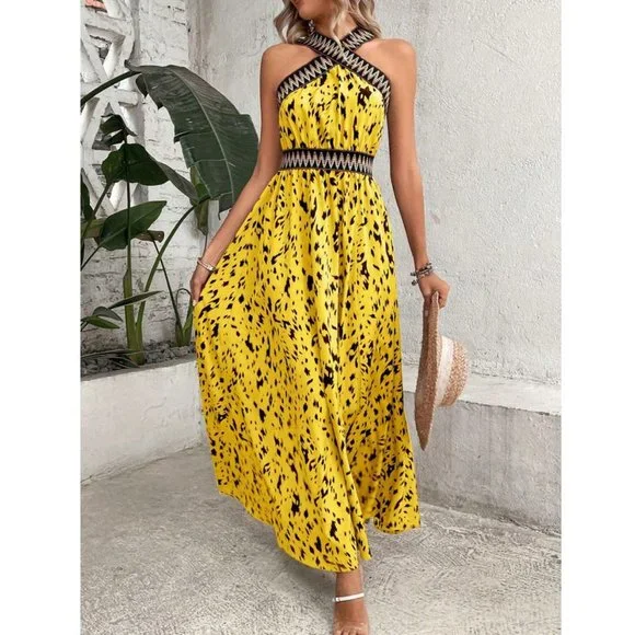 Allover Print Contrast Tape Split Thigh Maxi Dress Yellow - Picture 2 of 6